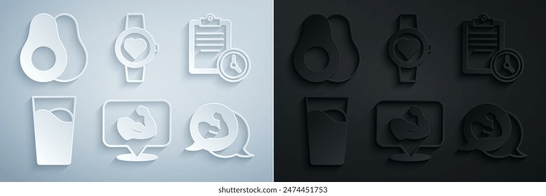 Set Bodybuilder muscle, Sport training program, Glass with water, Smart watch and Avocado fruit icon. Vector