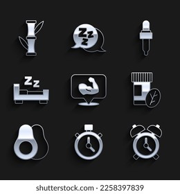 Set Bodybuilder muscle, Stopwatch, Alarm clock, Vitamin pill, Avocado fruit, Time sleep, Pipette with oil and Bamboo icon. Vector