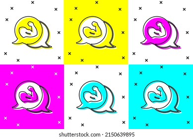Set Bodybuilder showing his muscles icon isolated on color background. Fit fitness strength health hobby concept.  Vector