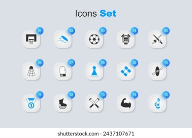 Set Bodybuilder showing his muscles, Boxing glove, Hockey puck, Medal, Golf bag with clubs, Kayak and paddle, Basketball backboard and Chess icon. Vector