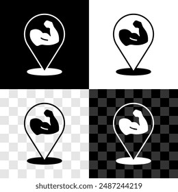 Set Bodybuilder showing his muscles icon isolated on black and white, transparent background. Fit fitness strength health hobby concept.  Vector