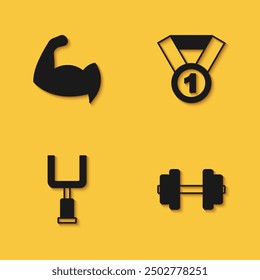 Set Bodybuilder showing his muscles, Dumbbell, American football goal post and Medal icon with long shadow. Vector