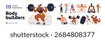 Set of bodybuilders training muscle strength, power. Sports professionals during bodybuilding workout, gym exercising, heavy weight lifting. Flat vector illustrations isolated on white background