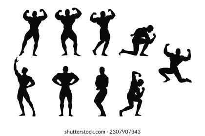 Set bodybuilders vector silhouettes posing men. Muscle man