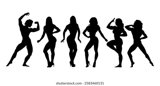 Set of bodybuilders vector silhouettes. Posing women fitnes. Muscular people. silhouettes bodybuilders pose women. vector template eps 