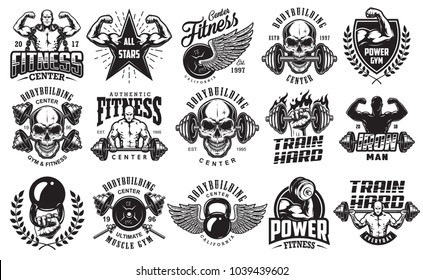 Set of bodybuilding emblems in black colour. Big bundle. Vector illustration