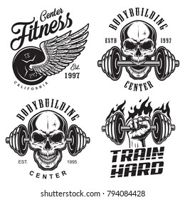 Set of bodybuilding emblems with skull wings and sport equipment in black colour. Vector illustration