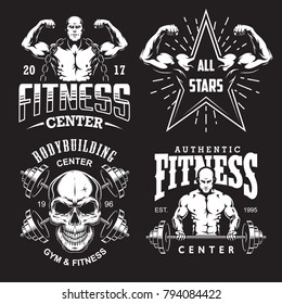 Set of bodybuilding emblems with typography and sport equipment in white. Vector illustration