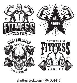Set of bodybuilding emblems with typography and sport equipment. Vector illustration