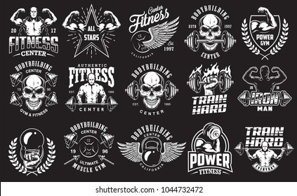 Set of bodybuilding emblems in white colour. Big bundle. Vector illustration