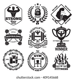 Set of Bodybuilding and Fittness labels - bodybuilder, dumbbell, strong hand, barbells, goblet, laurel, sport nutrition, another bodybuilding stuff. Vector