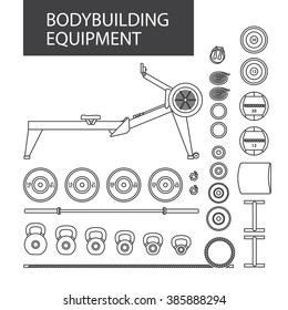 Set of bodybuilding, healthy and active lifestyle, fitness and gym training elements. Vector line style