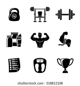 Set of Bodybuilding icons with - dumbbell, weight, bodybuilder, scales, gainer, shaker, measuring, barbell, schedule, goblet. Vector