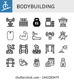 Set of bodybuilding icons such as Rope biking, Gym, Kettlebell, Vitamins, Bench press, Bodyboard, Muscle, Fitness, Dumbbell, Strong, Weightlifting, Weighlifter , bodybuilding