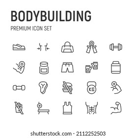 Set of bodybuilding line icons. Premium pack of signs in trendy style. Pixel perfect objects for UI, apps and web. 