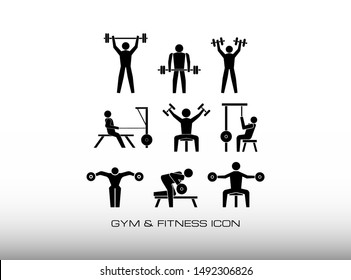 Set Of Bodybuilding Workout In The Gym Or Fitness Center Black Icon Vector. Consist Of Nine Image Symbol, Among Them, Exercise For Shoulder, Back And More. In Trendy Flat Isolated On White Background.