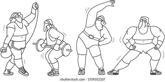 A set of bodypositive Santa Clauses doing sports, fitness, aerobics in retro costumes. Cute vector outline isolated characters on a white background.
