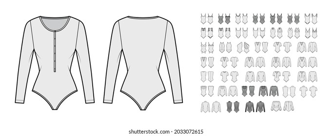 Set of bodysuits technical fashion illustration with fitted knit body, long sleeves, sleeveless, turtleneck. Flat apparel template front, back, grey color style. Women, men, unisex top CAD mockup