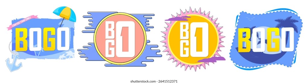 Set BOGO tags, sale banners design template, discount badge collection, vector illustration
