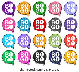 Set BOGO tags, sale speech bubble banners design template, discount badge collection, vector illustration