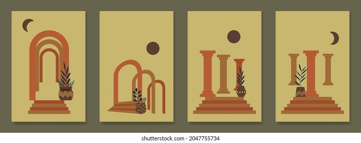 Set of bohemian aesthetic wall decor. Posters vector illustration