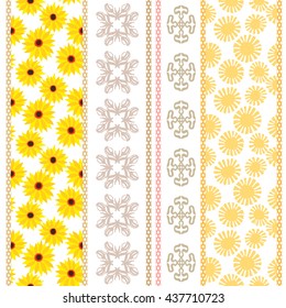 Set of bohemian borders with floral motifs. Seamless sunflowers pattern, sun symbol, geometric stripes. Retro textile collection. Yellow, white.
