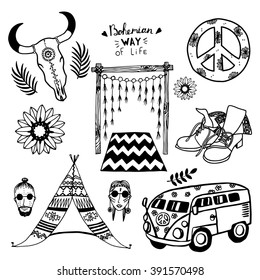 Set of bohemian doodle design elements in vector.