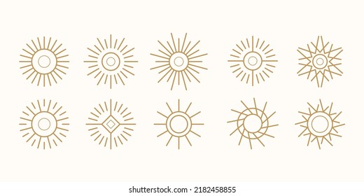 set of bohemian golden sun logo elements, sunset sunrise in outline linear style logo icon vector collection, abstract outline logo vector for hotel or spa minimal style.