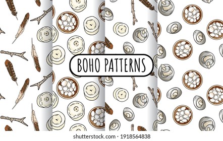 Set of bohemian seamless border patterns. Indigenous bohemian doodles background. Hand drawn hygge wallpaper. Cozy lagom template texture tile. Stock vector art