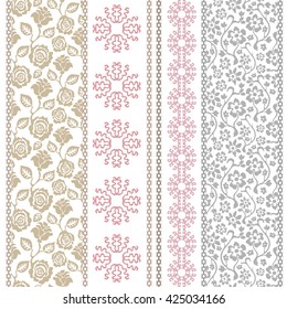 Set of bohemian seamless borders with floral elements. Retro roses pattern, blooming wildflowers, geometric ornaments. French, Italian, Spanish motifs. Vintage textile collection. Silver, white.
