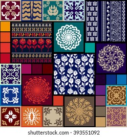Set of bohemian style seamless vector patterns. Roses, blooming poppies, damask borders, mandalas. Ethnic textile and ceramic tile prints. Symbols of sun, sky, grass, forest. Freedom concept.
