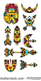 Set of bohemian symbols. Vector illustration of hamsa, arrows, moon, mask,  feather. Decorative and tattoo style.