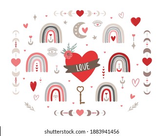 Set of bohenian Valentine's day vector hand drawn elements, boho rainbow, heart, eye with heart, border, moon and stars clipart isolated on white background
