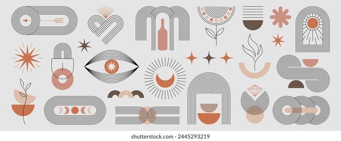 Set of boho abstract geometric shapes with line and strips. Modern minimalist zen arch in neutral colors. Minimal simple figures, linear elements and strokes, sun and moon in trendy bohemian style.