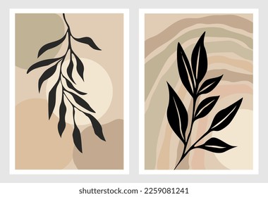 Conjunto de arte estético abstracto de pared botánica de Boho. Afiches de moda para el diseño interior escandinavo, japonés, en tonos pastel neutros. Huellas de collage bohemias. Ilustraciones del Vector Moderno del Siglo Medio.