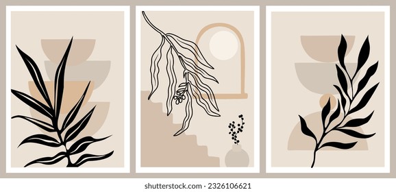 Conjunto de arte estético abstracto de pared botánica de Boho. Afiches de moda para el diseño interior escandinavo, japonés, en tonos pastel neutros. Huellas de collage bohemias. Ilustraciones del Vector Moderno del Siglo Medio.