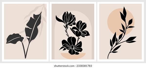 Set of Boho aesthetic abstract botanical wall arts. Trendy posters for Scandinavian, japandi interior design in neutral pastel colors. Bohemian collage prints. Mid Century Modern Vector illustrations