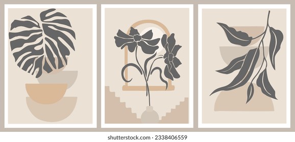 Set of Boho aesthetic abstract botanical wall arts. Trendy posters for Scandinavian, japandi interior design in neutral pastel colors. Bohemian collage prints. Mid Century Modern Vector illustrations