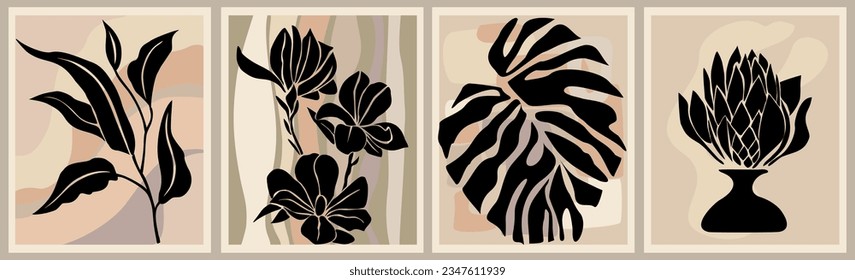 Set of Boho aesthetic abstract botanical wall arts. Trendy posters for Scandinavian, japandi interior design in neutral pastel colors. Bohemian collage prints. Mid Century Modern Vector illustrations