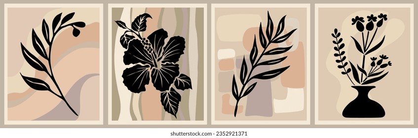 Set of Boho aesthetic abstract botanical wall arts. Trendy posters for Scandinavian, japandi interior design in neutral pastel colors. Bohemian collage prints. Mid Century Modern Vector illustrations