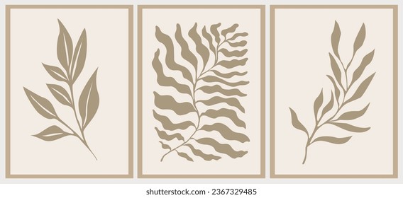 Conjunto de arte estético abstracto de pared botánica de Boho. Afiches de moda para el diseño interior escandinavo, japonés, en tonos pastel neutros. Huellas de collage bohemias. Ilustraciones del Vector Moderno del Siglo Medio.