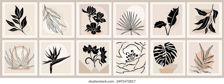 Set of Boho aesthetic abstract botanical wall arts. Trendy posters for Scandinavian, japandi interior design in neutral pastel colors. Bohemian collage prints. Mid Century Modern Vector illustrations.