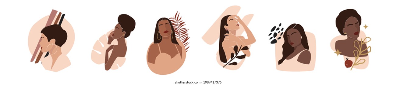 Set of boho aesthetic, scandinavian womens, shapes and various objects. Abstract female portraits. Paper cut style. Modern hand drawn vector illustrations. Flat design. Social media backgrounds.