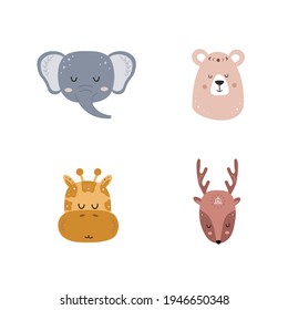 Conjunto de animales boho. elefante, jirafa, oso, ciervo dibujado a mano. Personajes para carteles de guardería, tarjetas, decoración doméstica, papel pintado. Ilustración vectorial al estilo de las caricaturas planas.