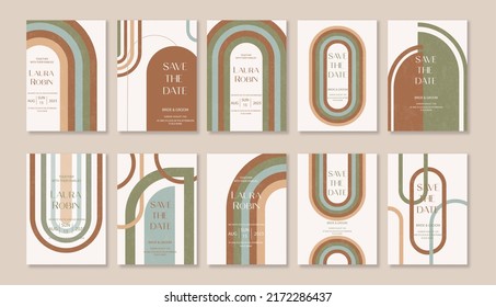 Set of Boho Arch Wedding Invitation Terraccota Rust Beige Modern Retro 70s Rainbow Sage Arch Moss Abstract Japandi Minimalism