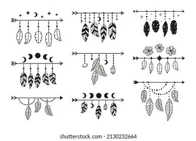 Set of boho arrows with stylized bird feathers and moon phases, stars, flowers isolated on white background. Mystical bohemian illustration.