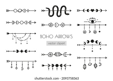 Set of boho arrows with third eye, flowers, crescents, moon phases, stars, crystals, snake isolated on white background.