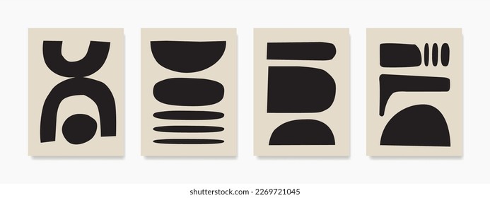 Set of boho art prints, minimal black shapes on beige. Creative Mid-century geometric minimalist artistic hand-painted composition. Vector posters for decor, posters, banners, hanging, and wall