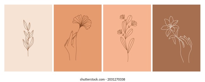 Set of boho backgrounds in simple linear style. Flower, hands, branch and leaves element. Template for social media stories, posts, poster etc. Vector nature design.