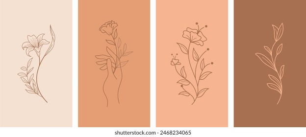 Set of boho backgrounds in simple linear style. Flower, hands, branch and leaves element. Template for social media stories, posts, poster etc. Vector nature design	